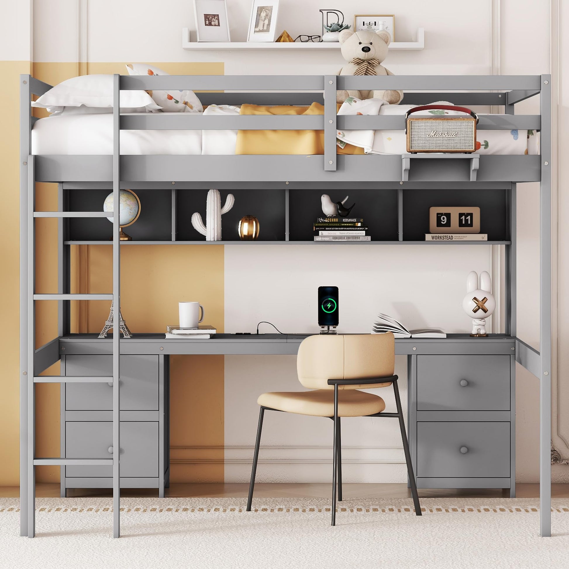 Full Size Loft Bed with Desk, Storage, Charging Station and Safety Features in Grey - WoodArtSupply