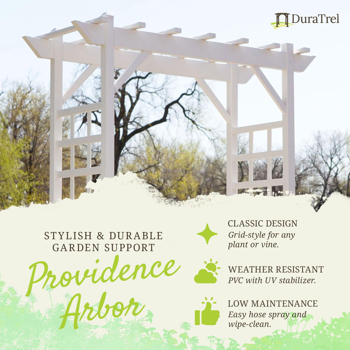 Dura-Trel Providence Arbor, 64 by 85 Inch PVC Patio Garden Arch, Outdoor Lattice Frame Decoration or Trellis for Climbing Plants, White DuraTrel