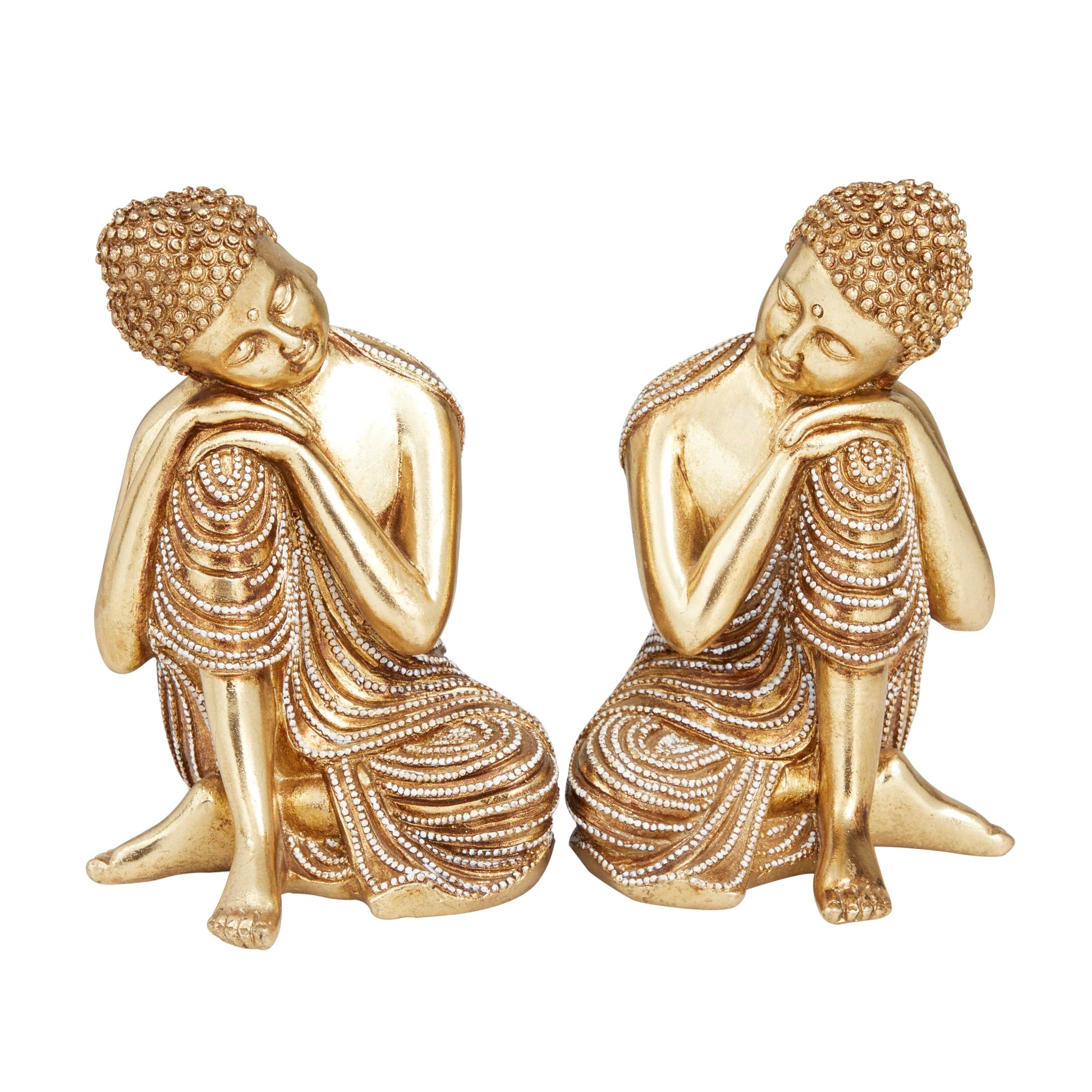 Deco 79 Polystone Buddha Decorative Sculpture Meditating Home Decor Statues with Engraved Carvings and Relief Detailing, Set of 2 Accent Figurines 5"W, 7"H, Gold - WoodArtSupply