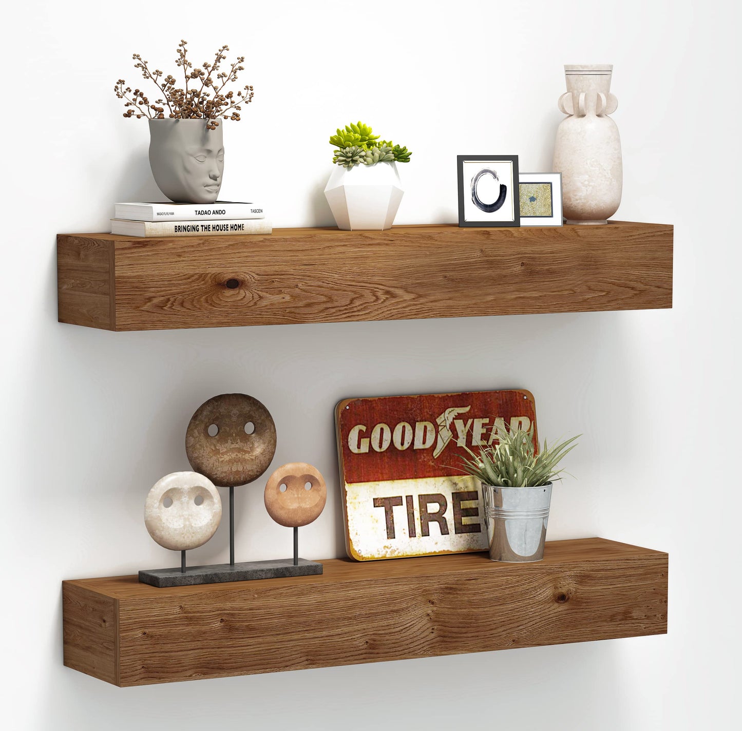 ROOREVO Wall Floating Shelves, Rustic Wood Wall Shelf Handmade (Light Walnut, 24 Inch - 2 Pack)