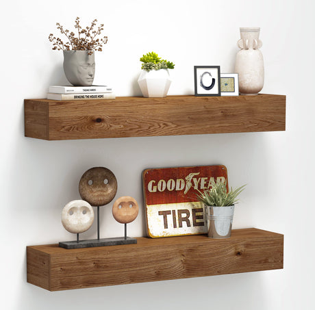 ROOREVO Wall Floating Shelves, Rustic Wood Wall Shelf Handmade (Light Walnut, 24 Inch - 2 Pack) ROOREVO