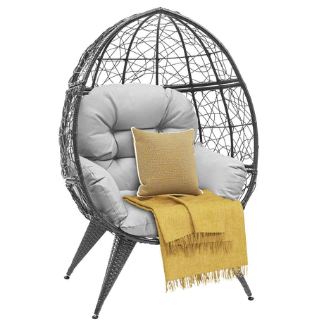DWVO Egg Chair Patio Rattan Chair with Stand Anti-Slip All-Weather Poratble Adjustable Chair Feet Wicker Egg Lounger Chair for Indoor Outdoor 330LBS (Grey) DWVO