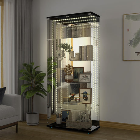 Glass Display Cabinet with LED Lights,Mirrored Back, 2 Doors 4-Tiers Curio Cabinets with Lock&Wheels, Floor Standing Glass Bookshelf Collectibles Toys Display Case for Living Room Office, Black Goujxcy