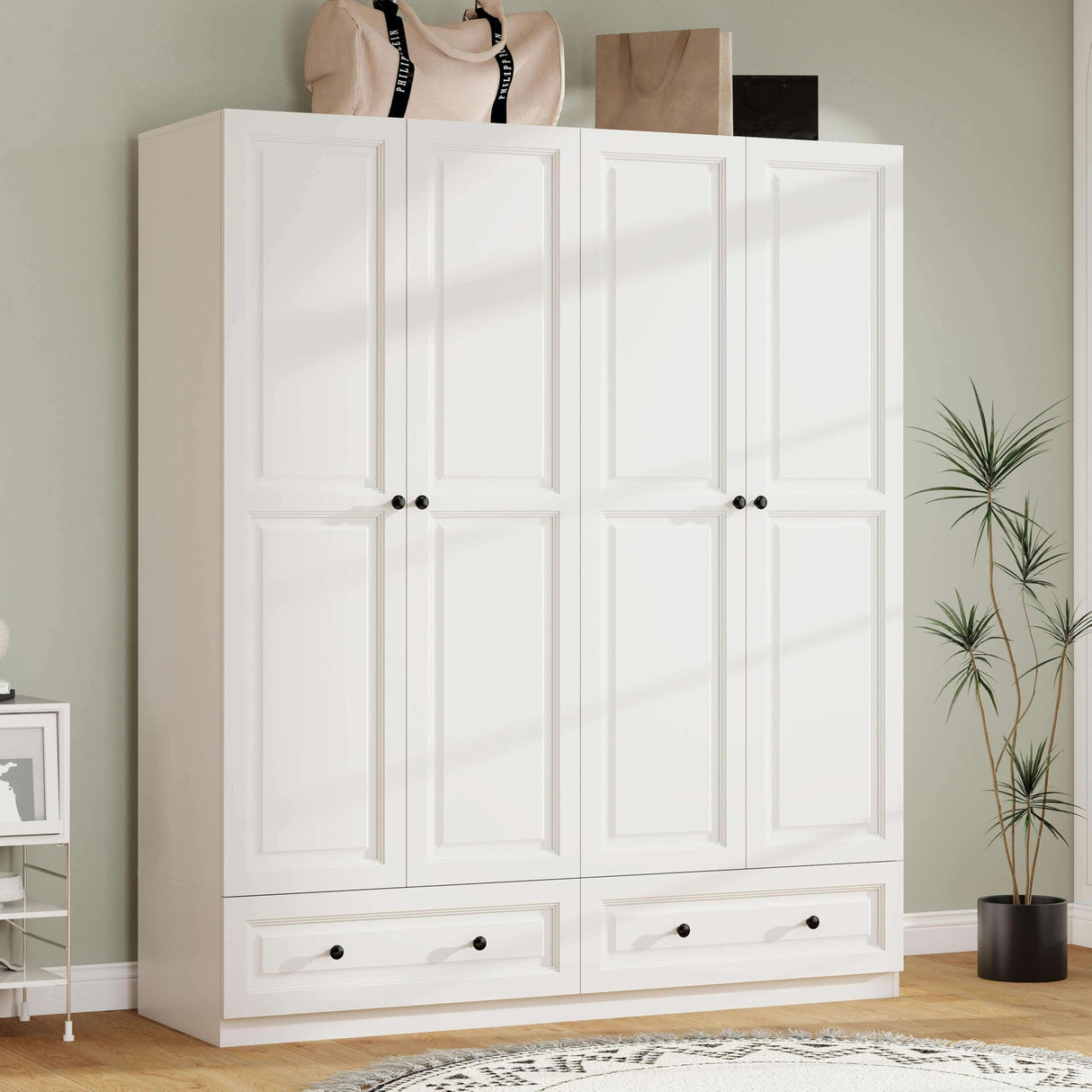 Mhsatyrs Armoire Wardrobe Closet with Drawers: 74" Large White Armoire Wardrobe Closet with 4 Doors, Bedroom Armoires with Hanging Rod and 2 Drawers, Wooden Clothes Storage Cabinet (White, 63") Mhsatyrs