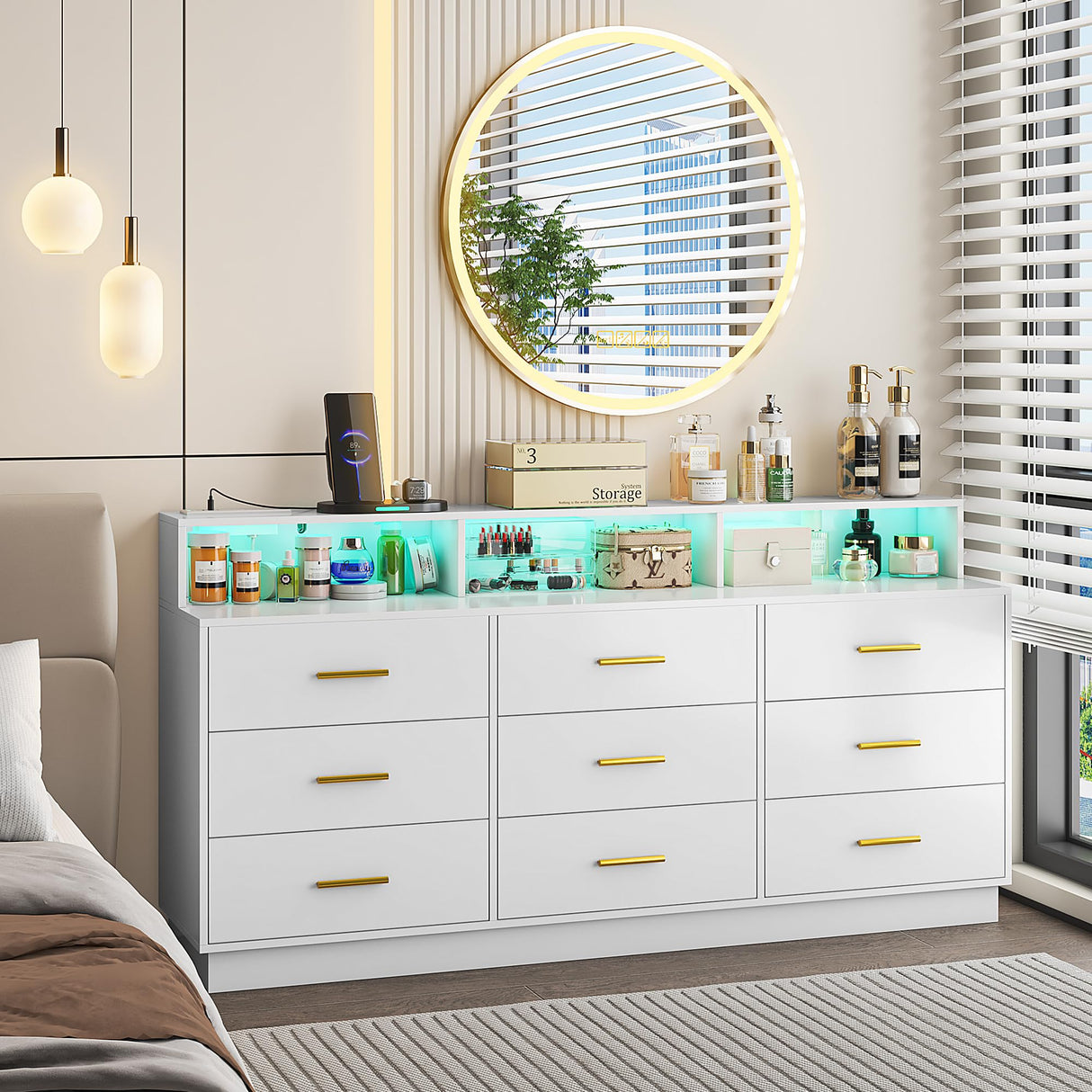 UNIQUITE White 9 Drawer Dressers for Bedroom, Modern Large Dresser with LED Light and Power Outlet, Wooden Long Dresser for Bedroom, Entryway, Living Room UNIQUITE