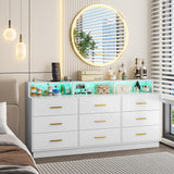 UNIQUITE White 9 Drawer Dressers for Bedroom, Modern Large Dresser with LED Light and Power Outlet, Wooden Long Dresser for Bedroom, Entryway, Living Room UNIQUITE