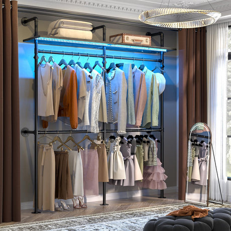 Aheaplus Industrial Pipe Clothing Rack, Reversible 79.7'' Clothes Rack for Hanging Clothes, Heavy Duty Garment Rack Closet Wardrobe Rack with LED Lights& Shelves, Walk-in Closet System, Black Oak Aheaplus