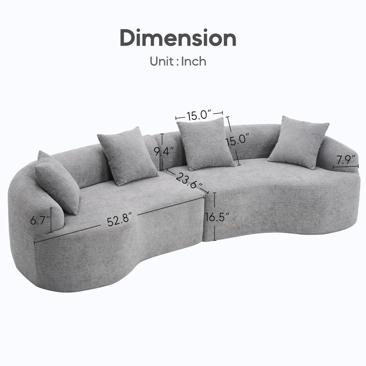 Yoglad 105.6‘’ 4-Seat Modern Curved Chenille Sofa, No Assembly Needed Minimalist Floor Loveseat Sofa, Comfy Upholstered Couch, Compression Sofa for Living Room Apartment Studio Office (Grey) Yoglad