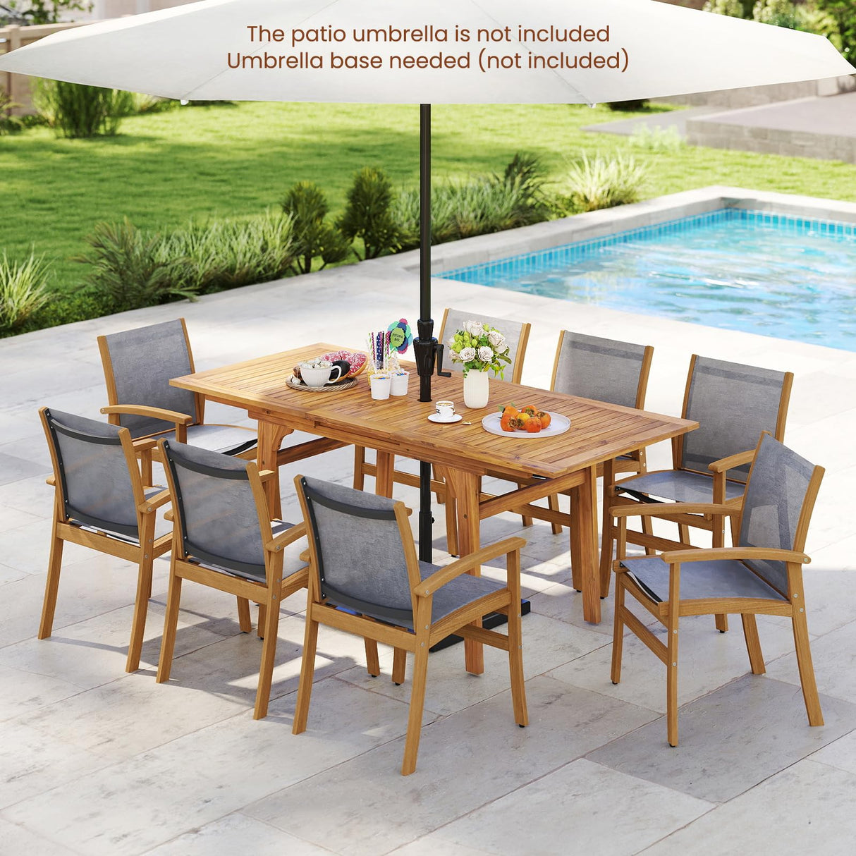 Tangkula 9 Pieces Acacia Wood Patio Dining Set for 6-8, Outdoor Expandable Table and Chairs Set with 1.97" Umbrella Hole and Breathable Fabric for Garden, Lawn, Yard and Poolside Tangkula