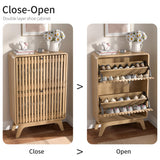 Jluomei Narrow Shoe Cabinet Storage for Entryway Slim, Wood Fluted Entry Way Shoe Organizer, Modern Rack Cabinet with 2 Flip Drawers, Wooden, Farmhouse, Small, Freestanding, Oak, Natural Jluomei