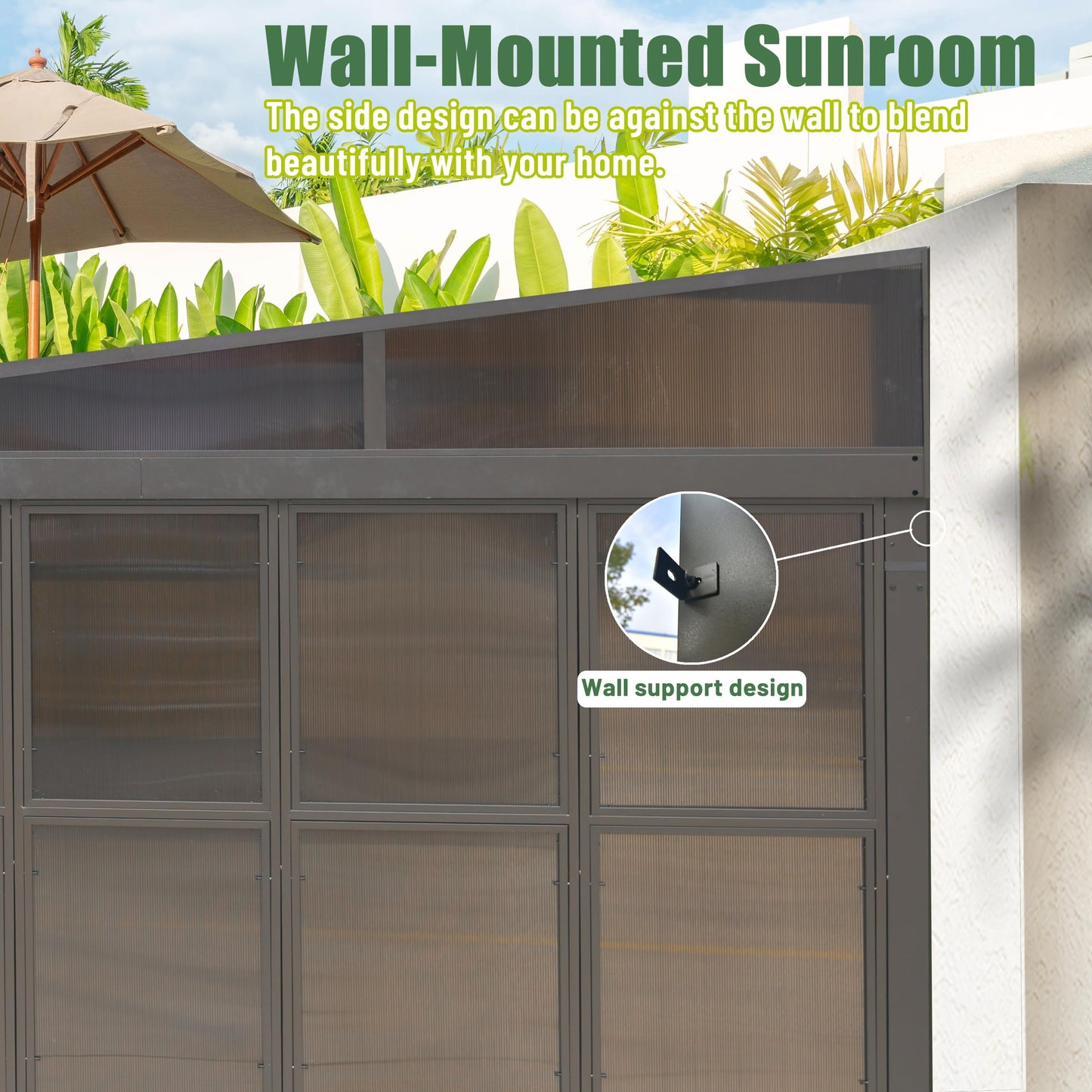 Domi 12x16FT Sunroom,Wall Mounted Gazebo Solarium with Front Door, Side Entrance, Galvanized Steel Sloping Roof, Moveable PC Screen, Outdoor Permanent Sun Room Lean to Gazebo for Deck Patio - WoodArtSupply