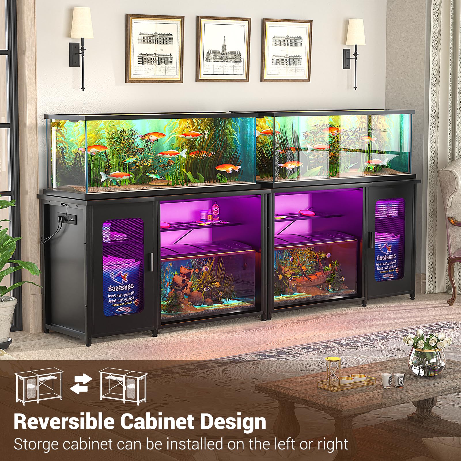 Unikito 55-75 Gallon Aquarium Stand with Power Outlets & LED Light, Reversible Fish Tank Stand with Cabinet for Fish Tank Accessories Storage, Heavy Duty Metal Frame, 880LBS Capacity, Black - WoodArtSupply