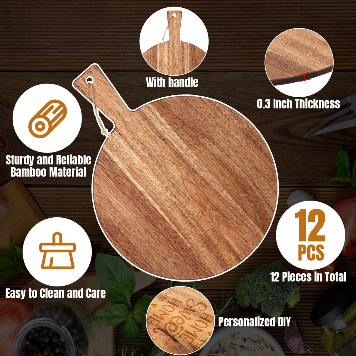 Patelai 12 Piece Round Wood Cutting Board Pizza Peel with Handle Laser Engraving Serving Board Charcuterie Cheese Bread Cutting Board Bulk for DIY Wedding Housewarming Gift (12 Inch,Acacia Wood) Patelai