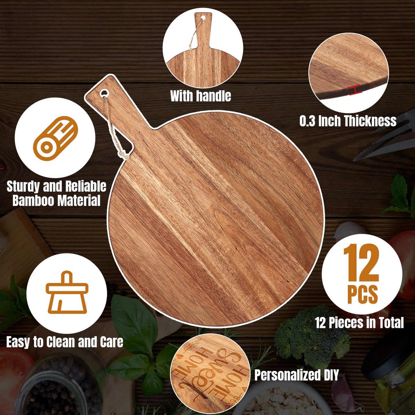 Patelai 12 Piece Round Wood Cutting Board Pizza Peel with Handle Laser Engraving Serving Board Charcuterie Cheese Bread Cutting Board Bulk for DIY Wedding Housewarming Gift (12 Inch,Acacia Wo - WoodArtSupply