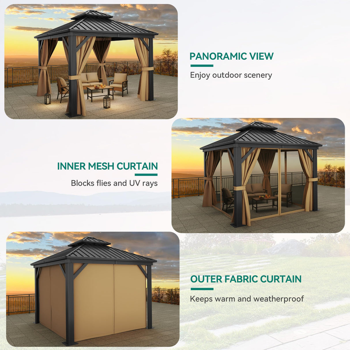 YITAHOME 10x10ft Gazebo Hardtop Double Roof Canopy w/Netting and Curtains, Outdoor Gazebo 2-Tier Hardtop Galvanized Aluminum Frame Garden Tent for Patio, Backyard, Deck and Lawns, Brown YITAHOME