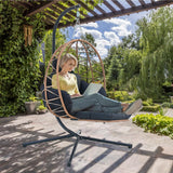 Hanging Egg Chair with Stand & Leg Rest,Rattan Wicker Swing Chair with Cushion, Patio Basket Hanging Chair Wicker Hammock Chair for Indoor Outdoor Bedroom Garden,300LBS (Yellow Rattan&Black Cushion) FKSLIFE