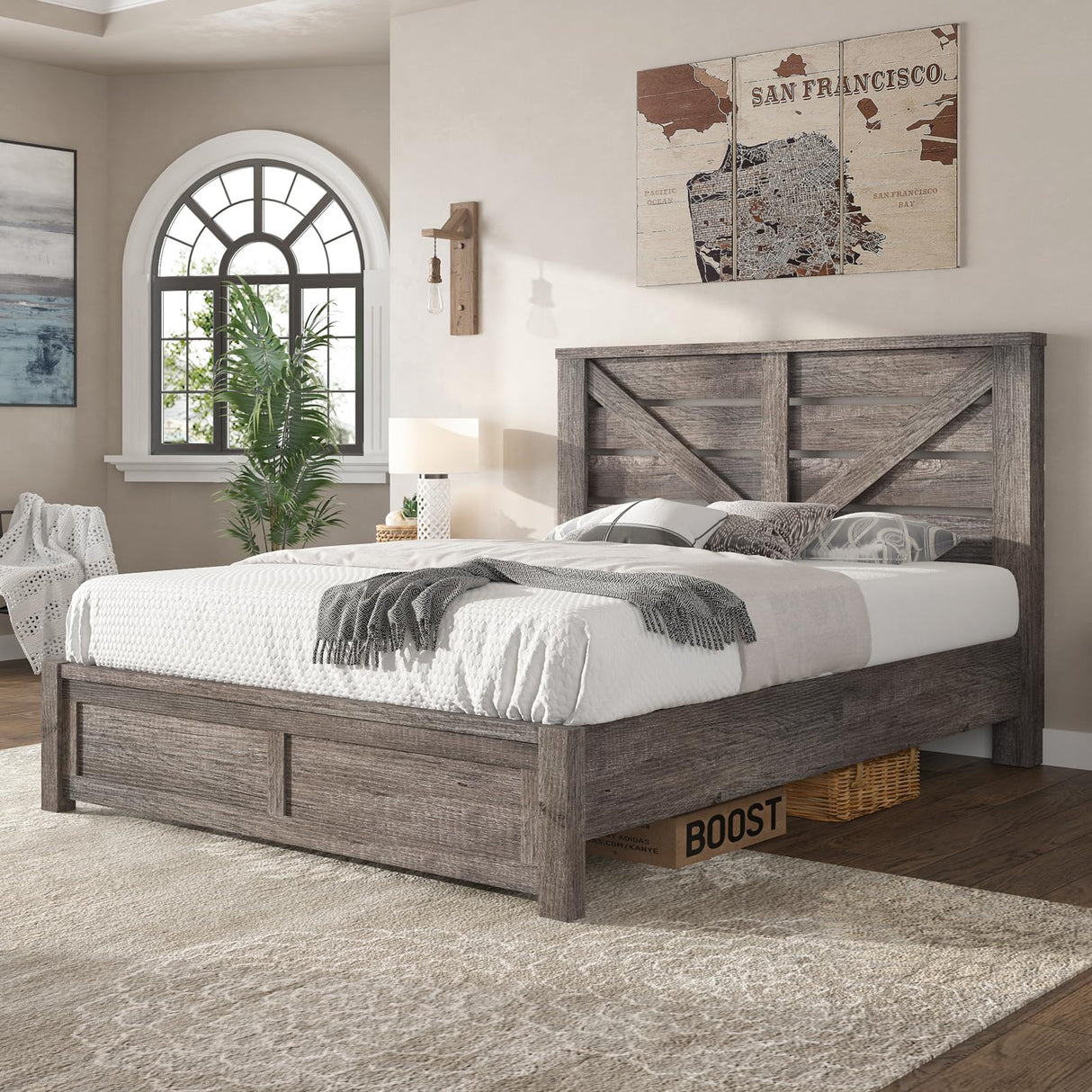 AMERLIFE Full Size Farmhouse Bed Frame with 49.2" Barn Door Headboard, Platform Bed Frame with Wood Slats, Under Bed Storage Space, Easy Assembly, Noisy Free, Rustic Gray AMERLIFE