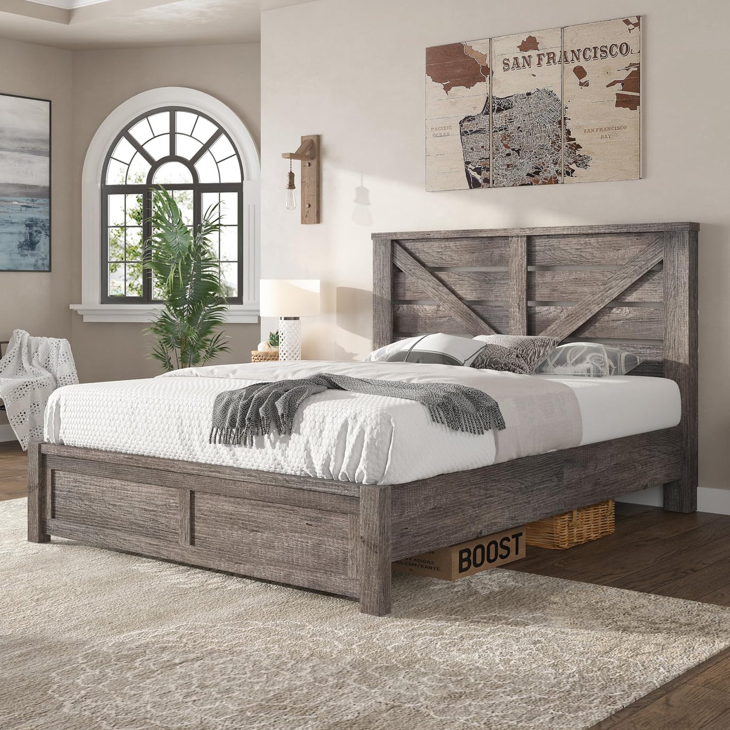 AMERLIFE Queen Size Farmhouse Bed Frame with 49.2" Barn Door Headboard, Platform Bed Frame with Wood Slats, Under Bed Storage Space, Easy Assembly, Noisy Free, Rustic Gray