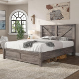 AMERLIFE Queen Size Farmhouse Bed Frame with 49.2" Barn Door Headboard, Platform Bed Frame with Wood Slats, Under Bed Storage Space, Easy Assembly, Noisy Free, Rustic Gray AMERLIFE