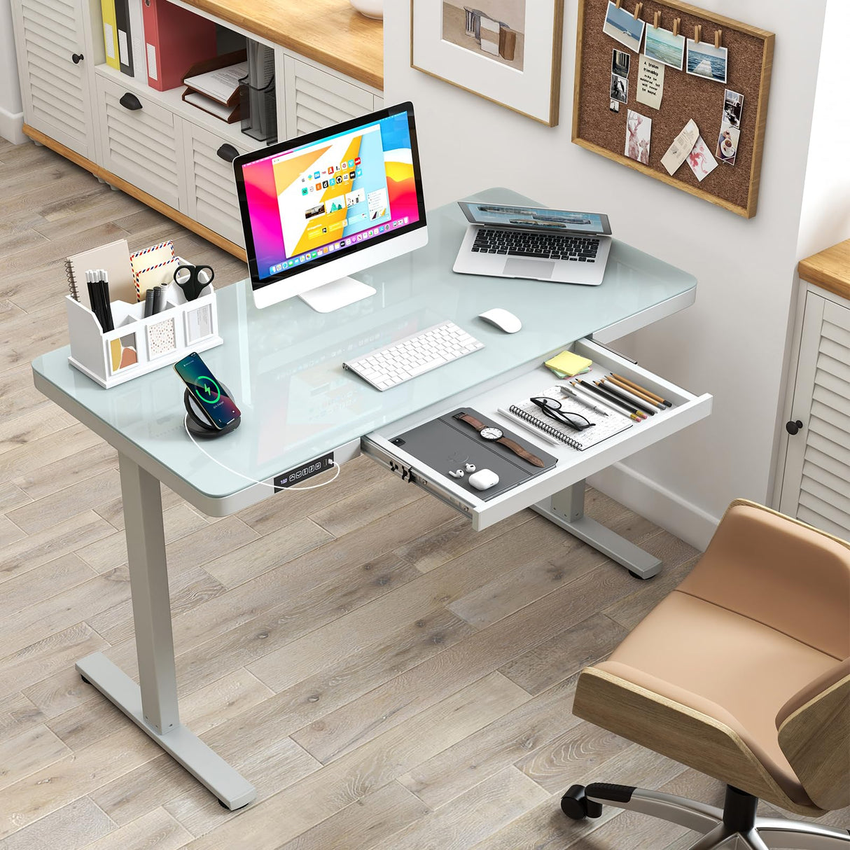Giantex Glass Standing Desk with Drawer, 48" x 24" Height Adjustable Electric Stand Up Desk with Tempered Glass Top, 2 Memory Positions & USB Type-C Outlets, Sit Stand Desk for Home Office, White Giantex