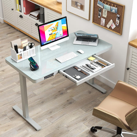 Giantex Glass Standing Desk with Drawer, 48" x 24" Height Adjustable Electric Stand Up Desk with Tempered Glass Top, 2 Memory Positions & USB Type-C Outlets, Sit Stand Desk for Home Office, White Giantex