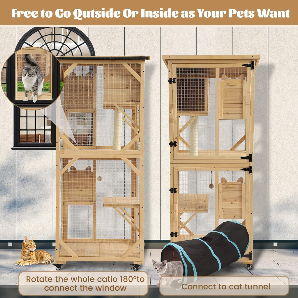 TITIMO 71" Catio Cat Enclosure Window, Large Outdoor/Indoor Cat House for Multiple Cats, Wooden Kitty Condo W/Waterproof Roof, Platforms, Resting Box, Scratching Post, Sisal Ball, Wheels (Burlywood) TITIMO
