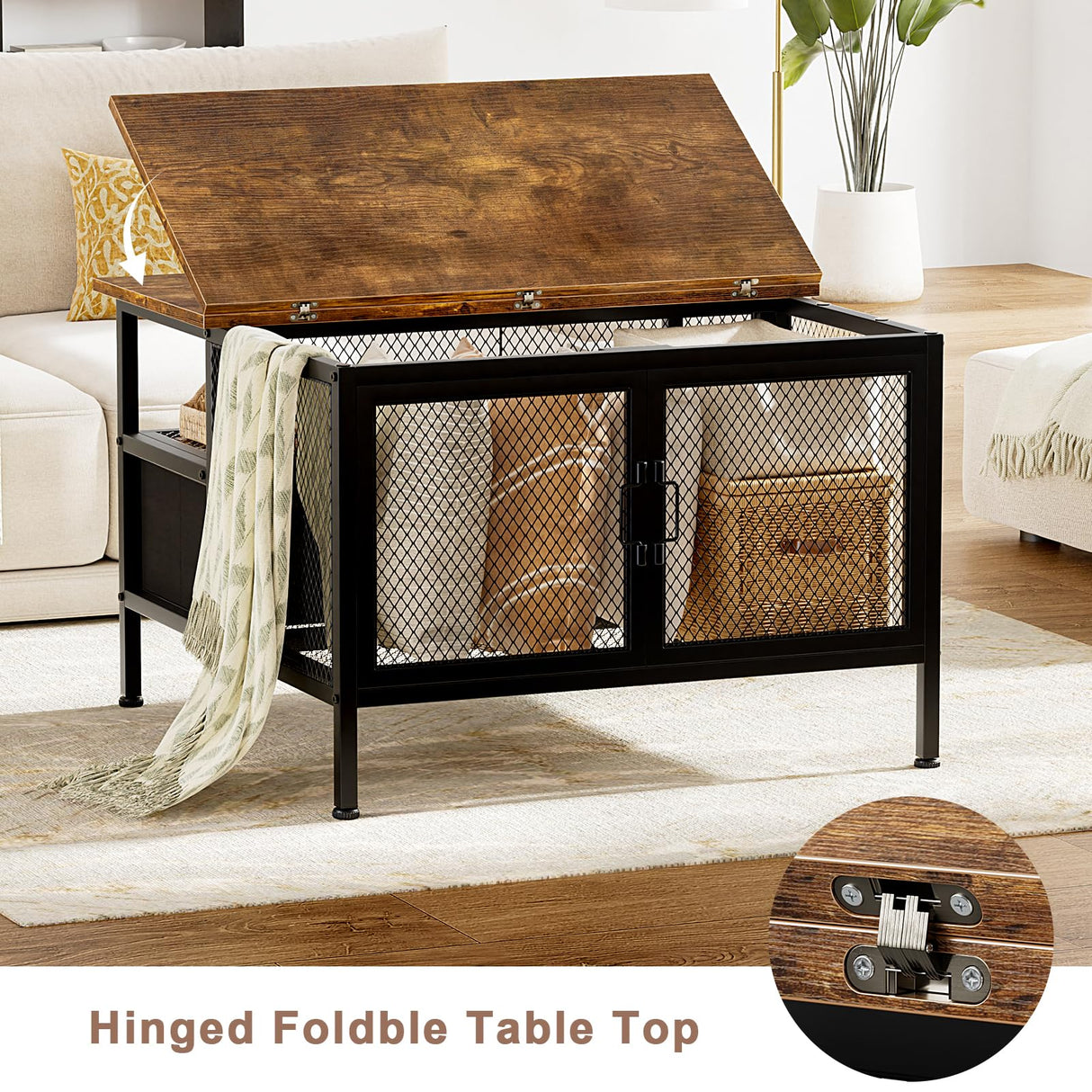 FABATO Flip Top Coffee Table, Square Coffee Tables Metal Wood, Farmhouse Lift Up Coffee Table Cocktail Table with Wire Mesh Barn Door and Storage, Steel Frame, Small Tea Table for Living Room, Black FABATO