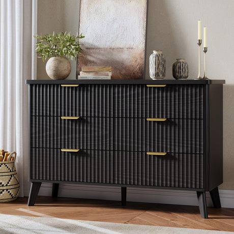 Garvee 6 Drawers Dresser for Bedroom, 47.2" Wide Dressers with Curved Profile Design, Fluted Wood Drawers with Gold Handle, Modern Chest of Dressers with Thickened Design for Living Room, Black Garvee