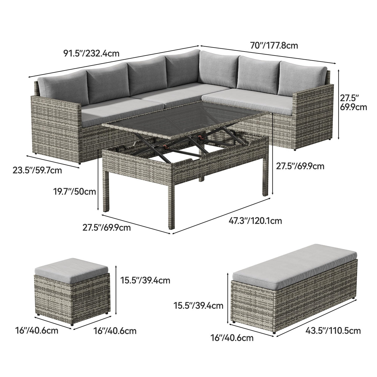YITAHOME Patio Wicker Furniture Set, Outdoor Sectional Sofa with Stools and Lift-Top Coffee Table 6-Piece, All-Weather Conversation Set for Garden, Backyard, Grey YITAHOME