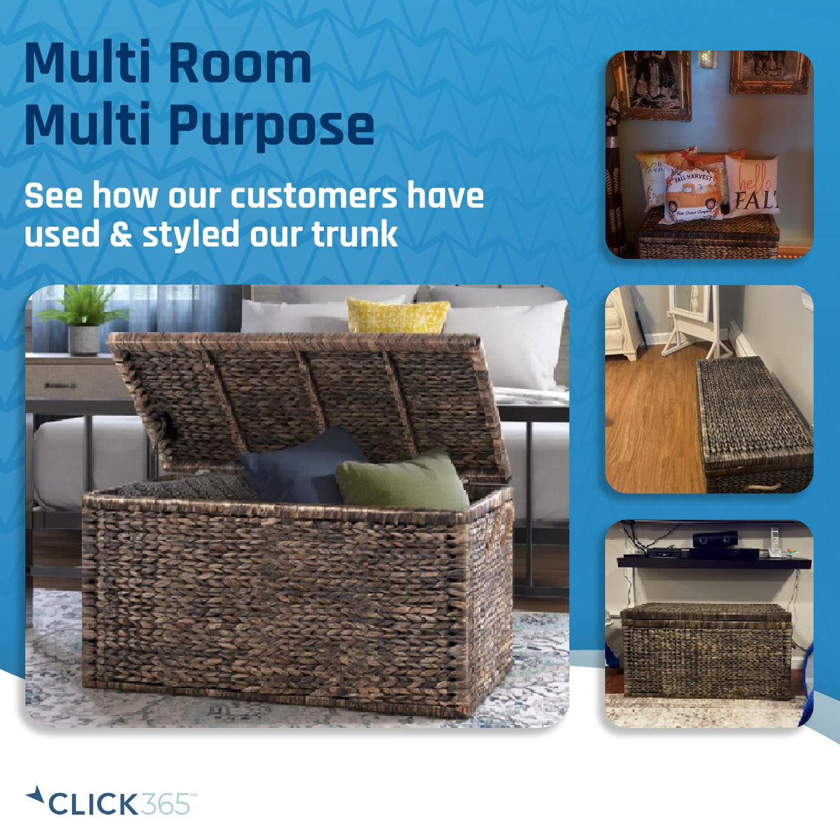 Click365 Storage Trunk, Farmhouse Style, Extra Large (33”), Deep, Woven Wicker Chest With Metal Frame, 2 Handles, Flip Top Lid and Stay Open Safety Hinges, Sustainable Eco Material, Rustic Brown ClickDecor