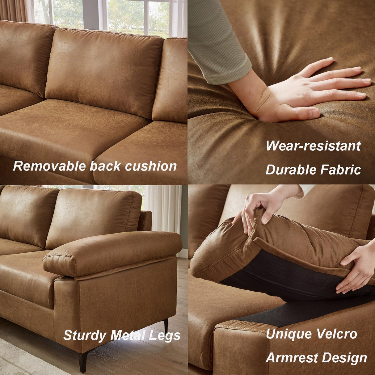 100.8" Sectional Sofa,Faux Leather Couch with Reversible Chaise,Mid-Century L Shaped Sofa Couch for Living Room, Apartment,Office (Brown, Sofa with Chaise) Chorlenimi