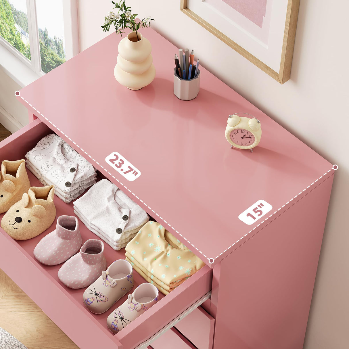 Jocoevol Pink 5 Drawer Dresser for Bedroom, 15" D x 23.7" W x 40.4" H in Simply Chest of Drawers, Wood Storage Dresser with Drawers for Living Room Hallway Entryway, Pink Jocoevol