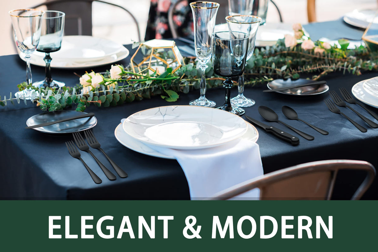 24-Piece Black Silverware Set with Steak Knives, Black Flatware Set for 4, Food-Grade Stainless Steel Tableware Cutlery Set, Mirror Finished Utensil Sets for Home Restaurant EWFEN