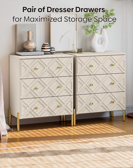 TRINEAR 3 Drawer Dresser, Wood Drawers for Bedroom with Metal Legs, Modern Dressers with Wide Storage, 30 inch Large Nightstand with Diamond Design for Living Room, Hallway, Entryway, Cream TRINEAR