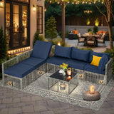 FHFO 7 Pieces Outdoor Patio Furniture Set, Wicker Outdoor Sectional Conversation Couch Set with Adjustable Backrest Sofa, Thick Cushion & Coffee Table for Garden, Porch, Poolside, Grey/Blue FHFO