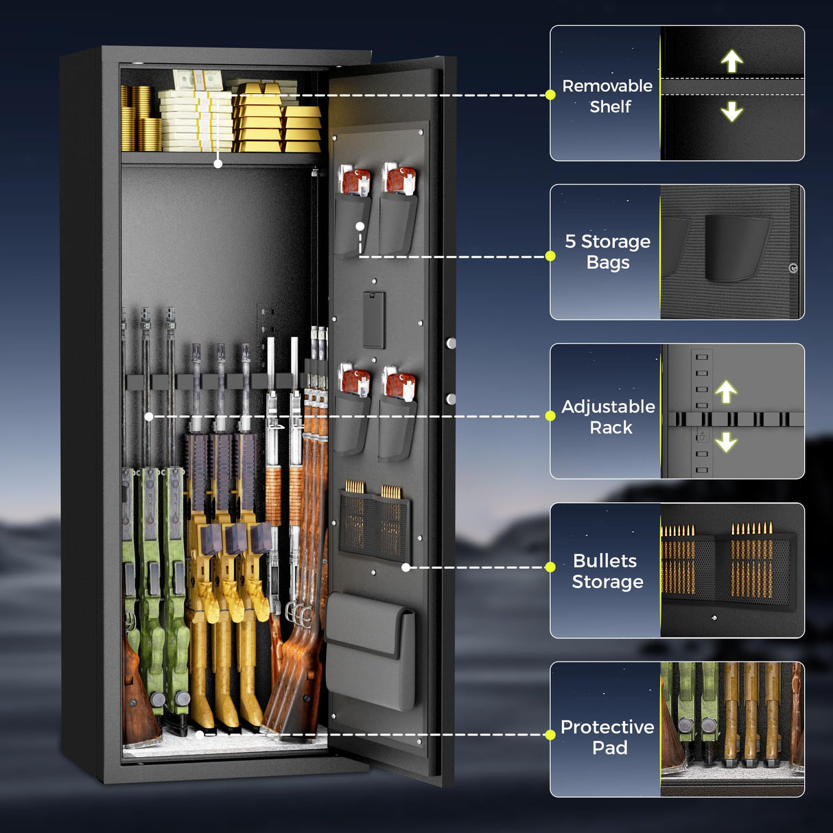 Superday 10-15 Gun Safe for Home Rifles and Pistols, Quick Access Large Gun Safe for Rifles, Gun Cabinets for Rifles and Shotguns with Keyboard Lock, 3 Adjustable Racks, Pockets Superday