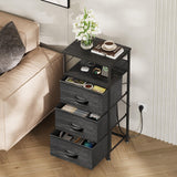 WLIVE LED Nightstand with Charging Station, Night Stand with 3 Fabric Drawers and Storage Shelf, Small Dresser for Small Space, 31.9" H Bedside Table for Bedroom, Charcoal Black Wood Grain Print WLIVE