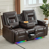 URRED Wall Hugger Loveseat Recliner Sofa with Flip Console, Power Reclining Loveseat RV Couch with LED Lights, Bluetooth, USB Ports, Outlets, Cup Holders, Side Pockets, Faux Leather, Dark Brown URRED