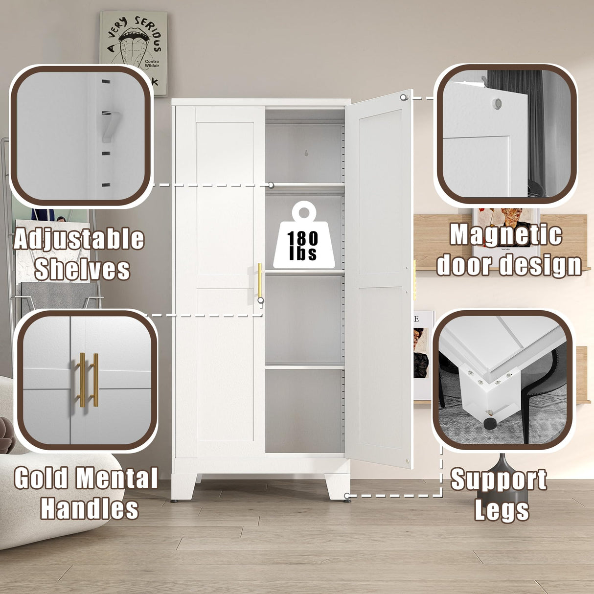 White Metal Pantry Cabinet with 2 Doors and Adjustable Shelves, 61" Kitchen Storage cabinets with Gold Handles, Versatile Storage for Laundry/Living/Dinning Room, Bathroom,Utility Room winiowa