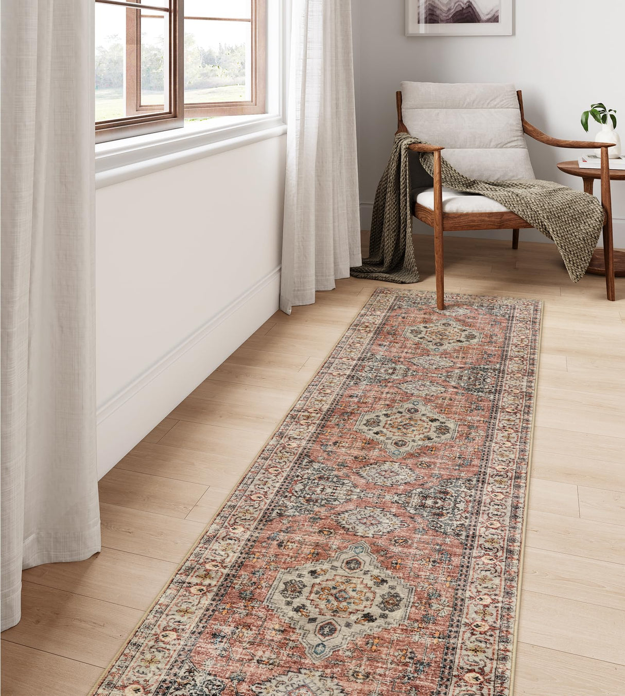 Lahome Oriental Hallway Runner Rug, 2.5x8 Kitchen Runner Non Slip Ultra-Thin, Soft Washable Hallway Rug Distressed Non Shedding Long Carpet for Entryway ‎Laundry Room Bathroom, Peach/Orange Lahome