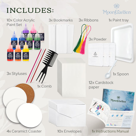 MoonGarden Marble Painting Coaster kit - Marble Painting Kit for Adults - 12 Color Paints, Ceramic Coasters, Bookmark Paper and Cardstock Paper - Relaxing and Creative DIY Activity Moon Garden
