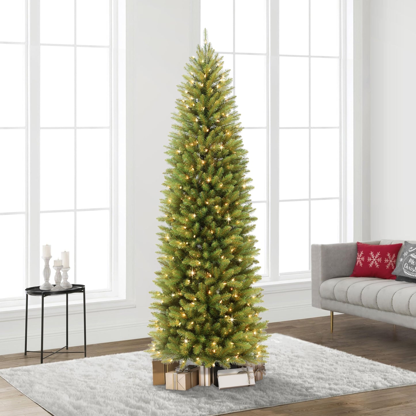 Puleo International 7.5 Foot Pre-Lit Fraser Fir Pencil Artificial Christmas Tree with 350 UL Listed Clear Lights, Green, 32 x 32 x 90 inches