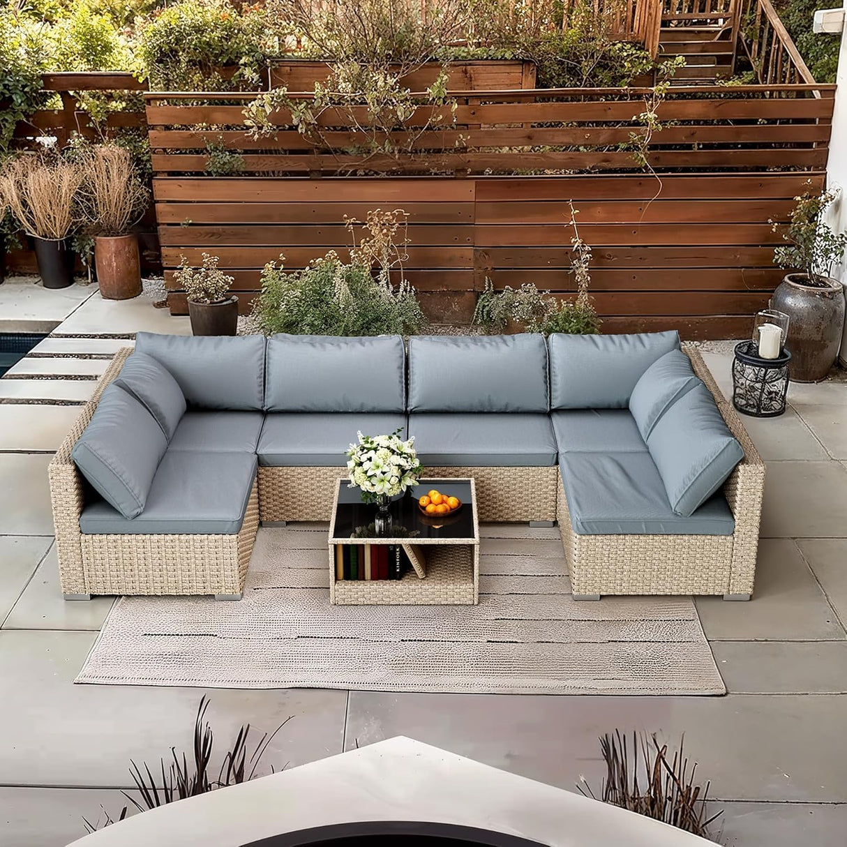 7-Piece Patio Furniture Set, Outdoor Wicker Conversation Set Sectional Sofa with Waterproof Thick Cushions and Coffee Table, Grey Earth patio