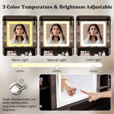 AMERLIFE 42'' Farmhouse Makeup Vanity Desk with Sliding Mirror and Lights, Glass Tabletop Vanity Table with 2 Drawers & Shelves for Bedroom, Light Rustic Oak AMERLIFE