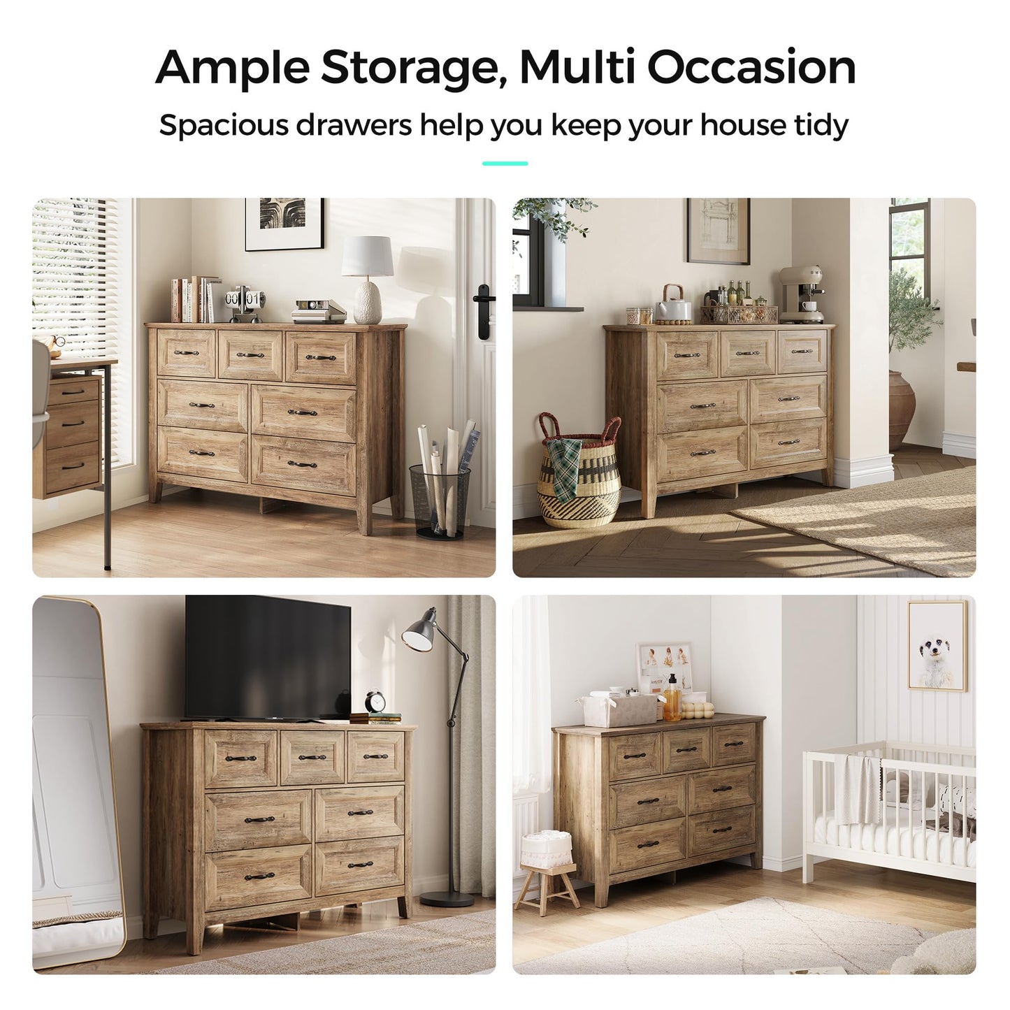 LINSY HOME Dresser for Bedroom, Long Dresser with 7 Drawers, Wood Chest of Drawers with Metal Handles, Ideal for Living Room, Entryway and Hallway