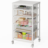 Sbanmao Utility Cart with 5 Drawers, Rolling Storage Cart with Wooden Tabletop and Lockable Wheels, Storage Drawer Cart Craft Cart for Bedroom, Classroom, Home, Office, White Sbanmao