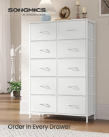 SONGMICS Dresser for Bedroom, Chest of Drawers, Steel, MDF, 10 Non-Woven Fabric Drawers, Storage Organizer Unit, Closet, Entryway, Cloud White and Snow White ULGS125W01S SONGMICS