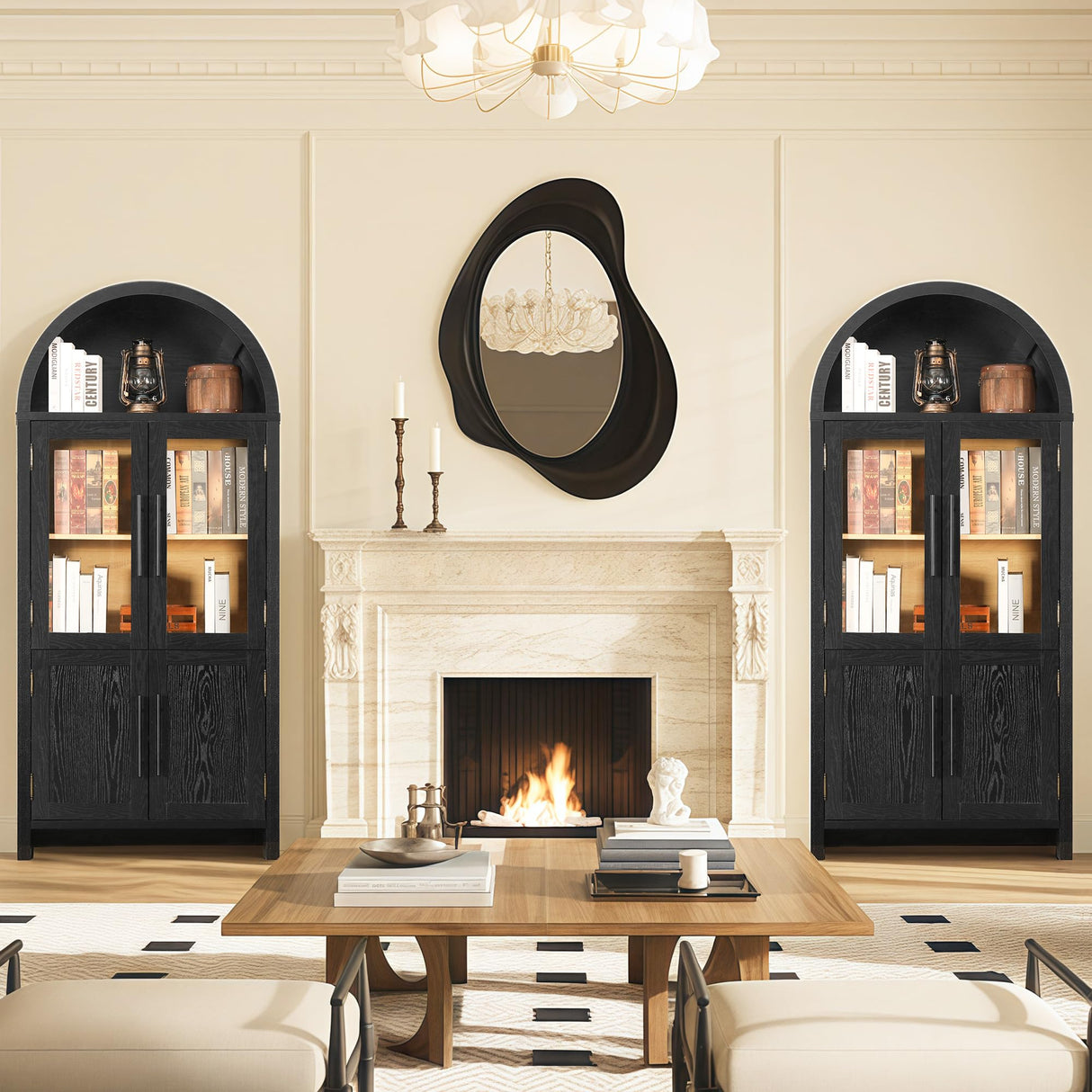 71" Farmhouse Tall Arched Pantry Storage Cabinet, Display Cabinet with Glass Doors,China Cabinet,Curio Cabinet, Bookshelf&Bookcase with Doors, Kitchen、 Dining Room、 Living Room Furniture, Black FUSUNBAO