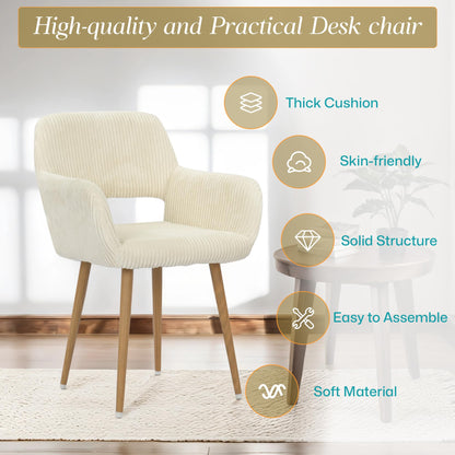 Homedraft Home Office Corduroy Dining Chair, Fluffy Makeup Vanity Chair, Comfy Accent Armchair with Wood Grain Metal Legs, Cute Desk Chair with Hollowed Back for Living Room Bedroom, Beige - WoodArtSupply