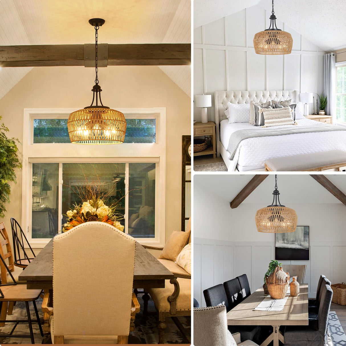 HMVPL Large Farmhouse Chandeliers for Dining Room, 5-Light Rattan Boho Chandelier Light Fixture with Wicker Lampshade, Coastal Hanging Pendant Lighting for Kitchen Island Bedroom Living Room Nursery HMVPL